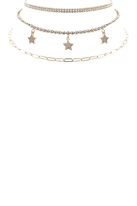 Rhinestone Star Charm 3 Layered Necklace Gold