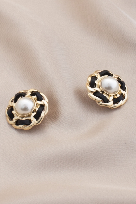 Pearl Curb Link Round Metal Earring Gold