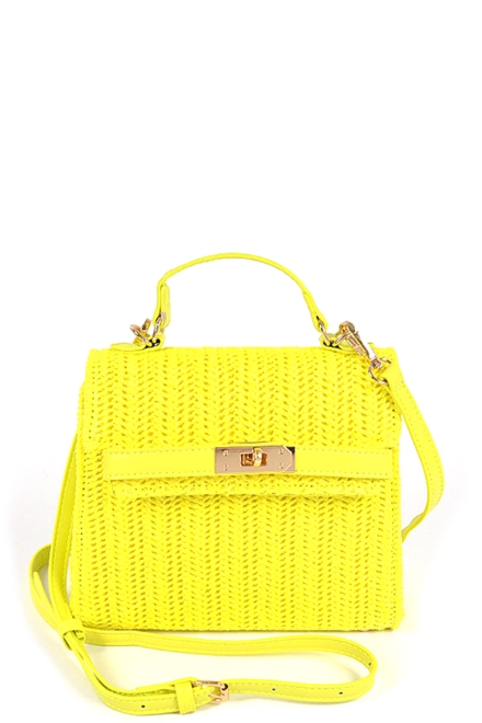 Faux Straw Top Handle Clutch Yellow