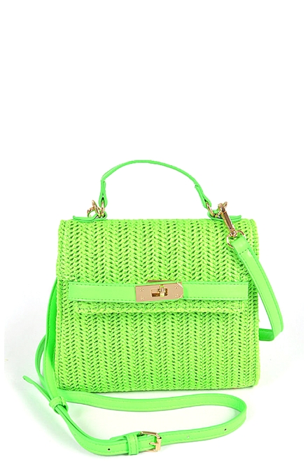 Faux Straw Top Handle Clutch Green