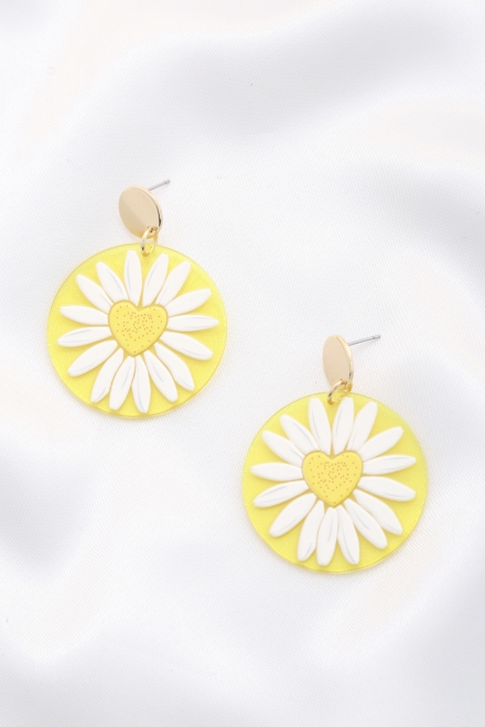 Daisy Printed Round Ac Drop Earriing Yellow