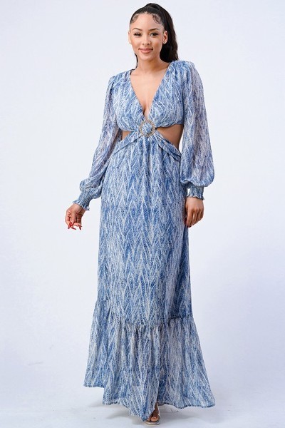 Printed V Neck Self Belted Side Cut Out Ruffled Maxi Dress Blue