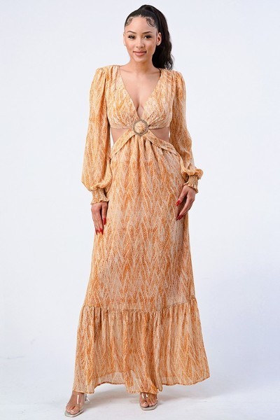 Printed V Neck Self Belted Side Cut Out Ruffled Maxi Dress Yellow