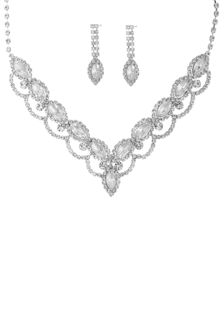 Rhinestone Teardrop V Shape Necklace And Earring Set Silver