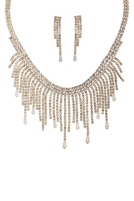 Rhinestone Crystal Baguette Fringe Necklace And Earring Set Gold
