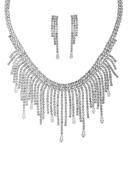 Rhinestone Crystal Baguette Fringe Necklace And Earring Set Silver