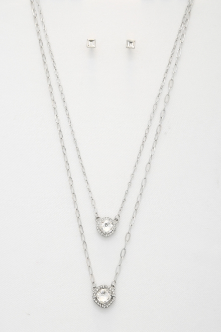 Double Crystal Metal Layered Necklace Rhodium