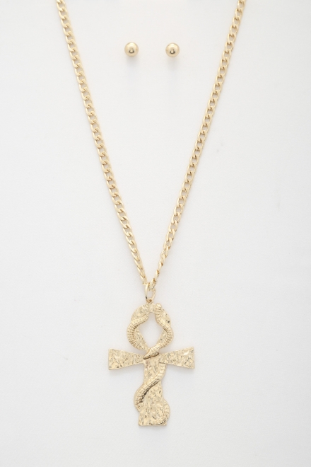 Snake Wrap Cross Pendant Curb Link Necklace Gold