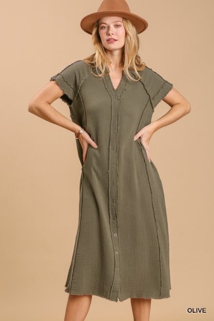 Split neck button down midi dress with no lining Olive
