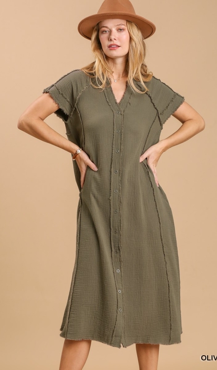 Split neck button down midi dress with no lining Olive