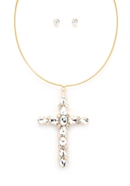 Crystal Cross Metal Necklace And Earrings Gold