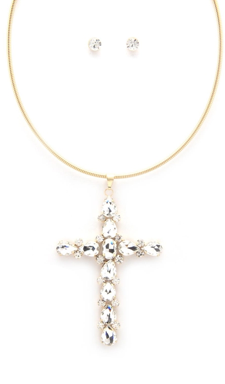Crystal Cross Metal Necklace And Earrings Gold