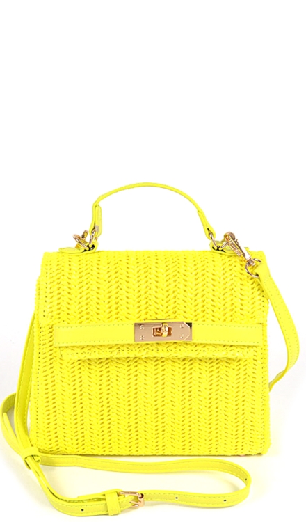 Faux Straw Top Handle Clutch Yellow