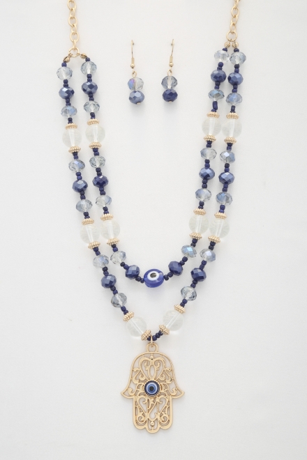 Hamsa Hand Pendant Beaded Layered Necklace And Earrings Set Blue