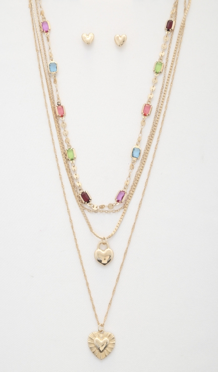 Heart Charm Beaded Layered Necklace And Earrings Set Multi-Color