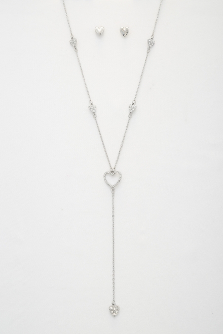 Heart Y Shape Metal Necklace And Earrings Set Rhodium