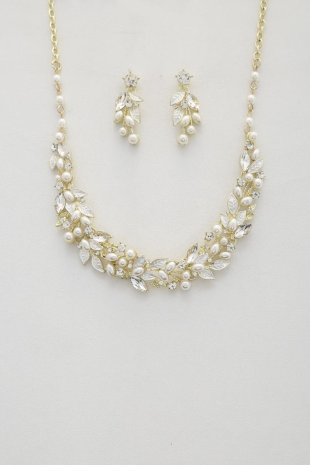 Leaf Pattern Pearl Crystal Necklace And Earrings Set Gold