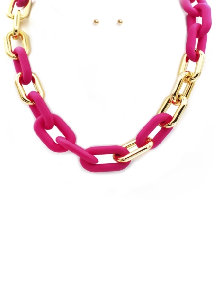 Oval Link Necklace And Earrings Fuchsia