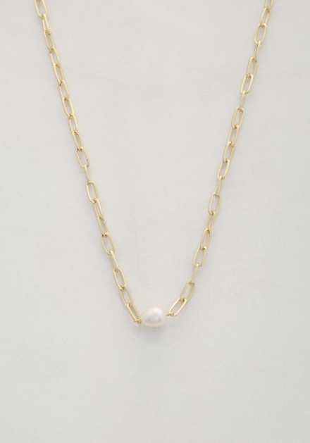 Pearl Bead Oval Link Necklace Gold