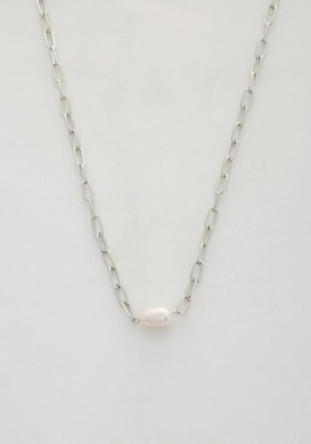 Pearl Bead Oval Link Necklace Rhodium