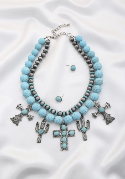 Rodeo Western Cross Pendant Beaded Layered Necklace And Earrings Set Turquoise