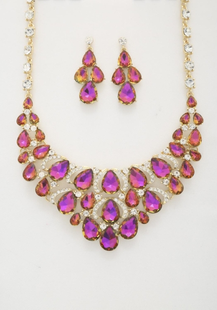 Teardrop Crystal Link Necklace And Earrings Purple