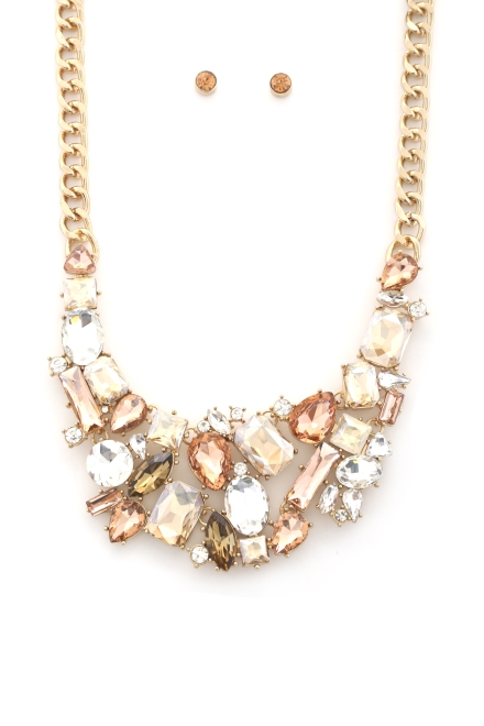 Teardrop Rectangle Shape Rhinestone Statement Necklace And Earrings Set Natural