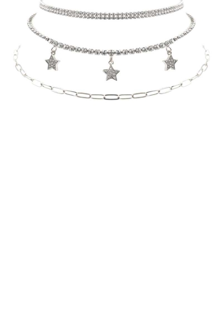 Rhinestone Star Charm 3 Layered Necklace Rhodium
