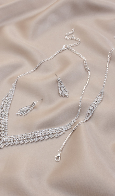 V Shape Rhinestone Bridal Bracelet Necklace Set Clear