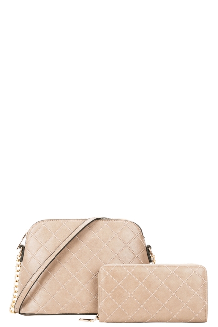2in1 Quilt Stitching Crossbody Bag With Wallet Set Beige