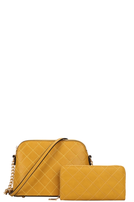 2in1 Quilt Stitching Crossbody Bag With Wallet Set Yellow