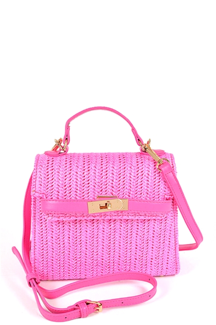 Faux Straw Top Handle Clutch Pink
