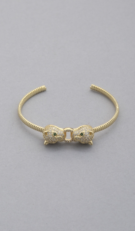 Double Leopard Head Metal Bangle Bracelet Gold