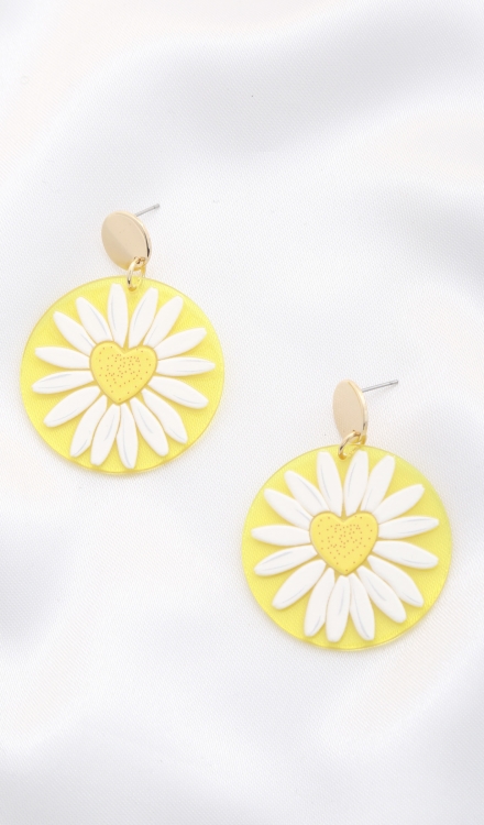 Daisy Printed Round Ac Drop Earriing Yellow