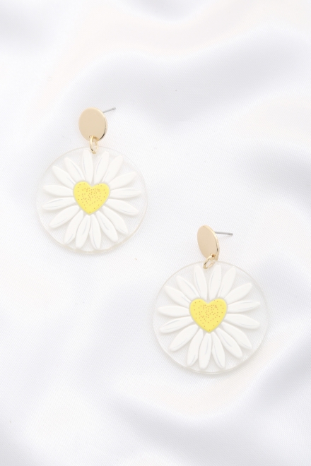 Daisy Printed Round Ac Drop Earriing White