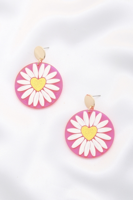Daisy Printed Round Ac Drop Earriing Pink
