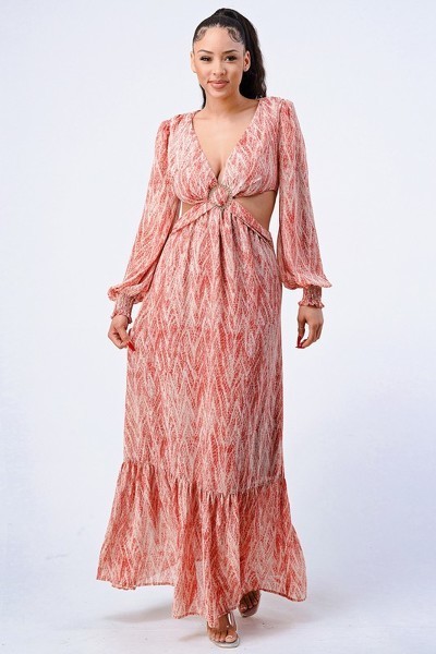 Printed V Neck Self Belted Side Cut Out Ruffled Maxi Dress Terracotta