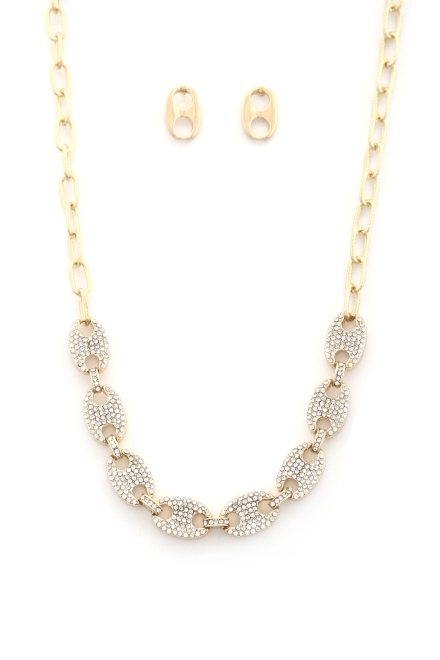Oval Rhinestone Link Metal Necklace Gold