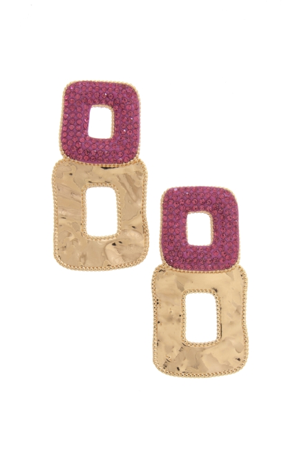 Double Square Rhinestone Post Earring Pink