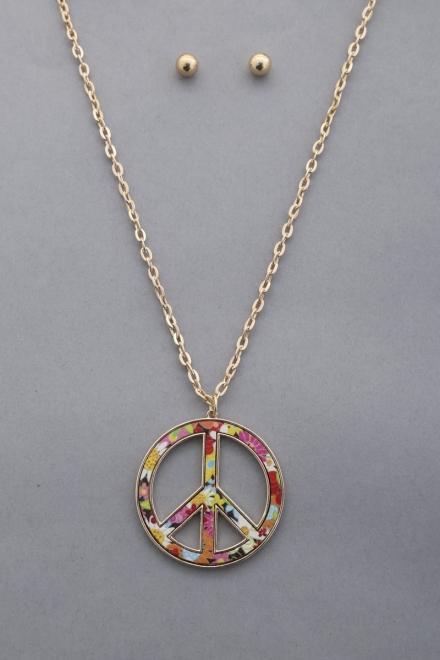 Peace Sign Floral Pattern Pendant Necklace Multi