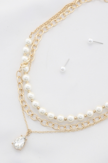 Teardrop Crystal Pearl Bead Layered Necklace Pearl