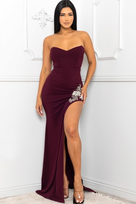 Beaded Embroidered Near Slit Detail Maxi Dress Maroon