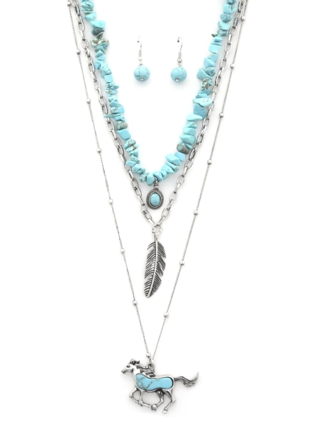 Rodeo western horse pendant feather charm beaded layered necklace Turquoise