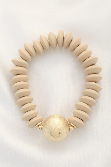 Ball Bead Wood Disc Bracelet Beige