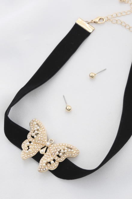 Butterfly Pendant Choker Necklace And Earrings Set Black-Gold
