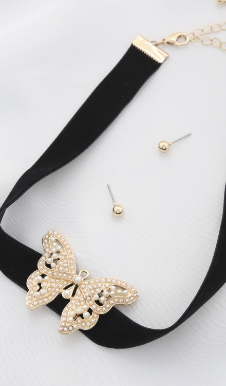 Butterfly Pendant Choker Necklace And Earrings Set Black-Gold
