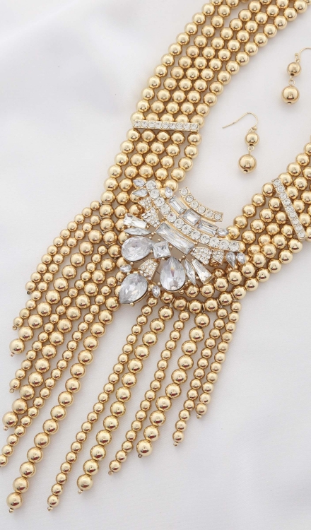 Chunky Crystal Bead Necklace And Earrings Set Gold