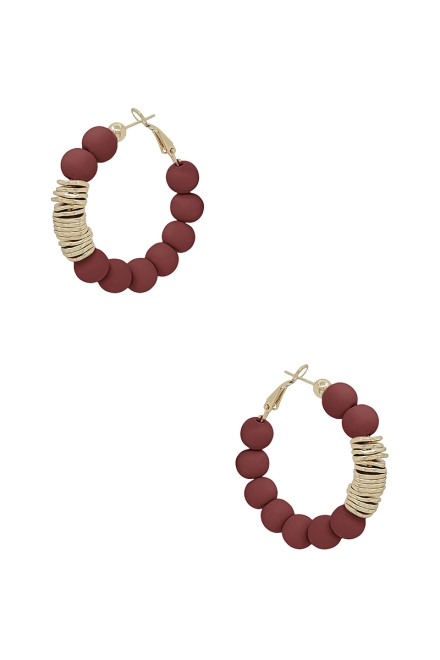 Clay Ball With Metal Accent Hoop Earrings Wine