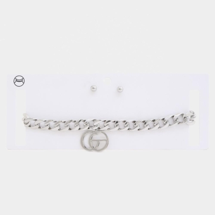 Double Circle Charm Curb Link Choker Necklace And Earrings Set Rhodium