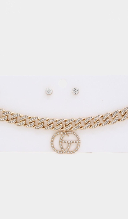 Double Circle Rhinestone Charm Curb Link Choker Necklace And Earrings Set Gold